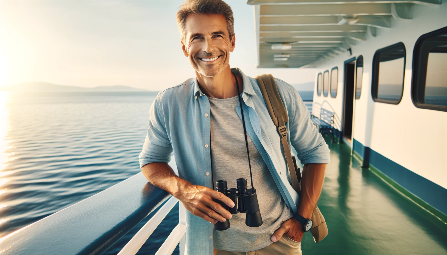 Ein zufriedener, mittelalterlicher Reisender steht in lässiger Reisekleidung mit Fernglas in der Hand auf dem Deck einer Fähre, blickt friedlich auf das ruhige Meer hinaus, vor einem Hintergrund aus serenem Meer und klarem Himmel, der einen idealen Tag für eine Seereise darstellt.